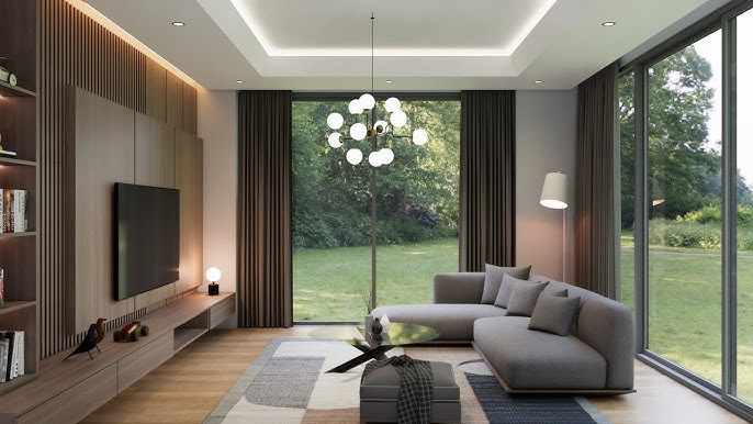 Living room render with linear LED