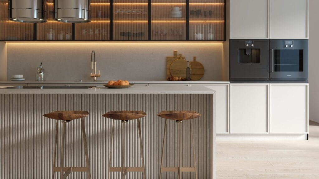 Kitchen render with fluted panels